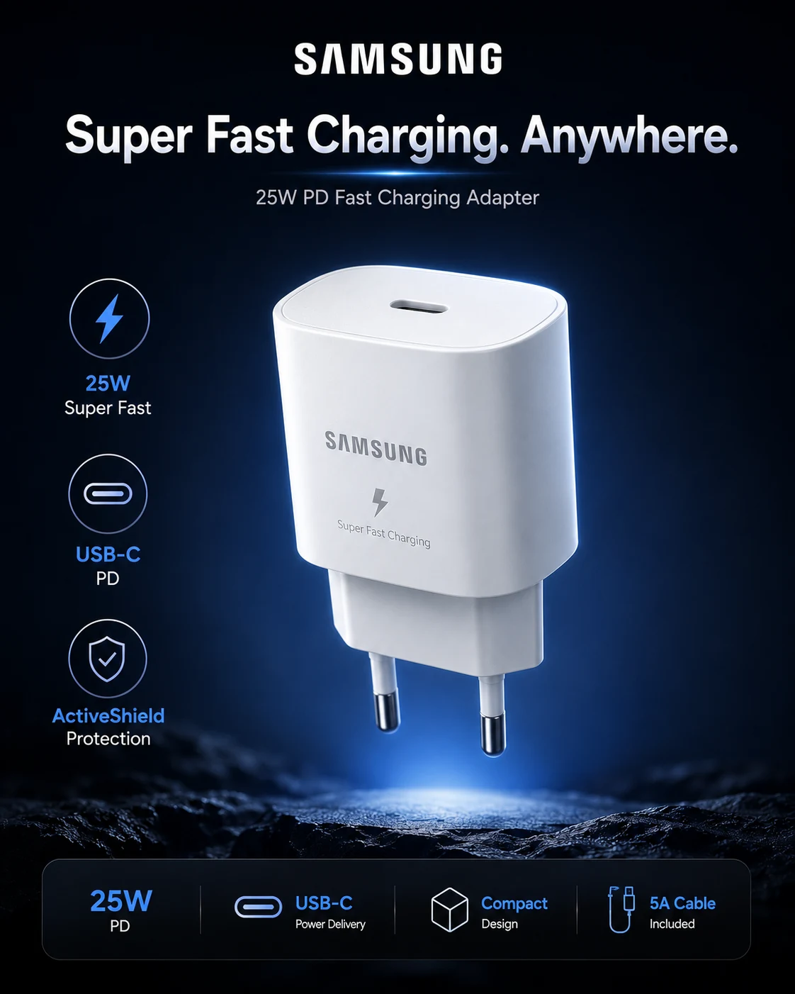 Samsung 25W PD Fast Charging Adapter.