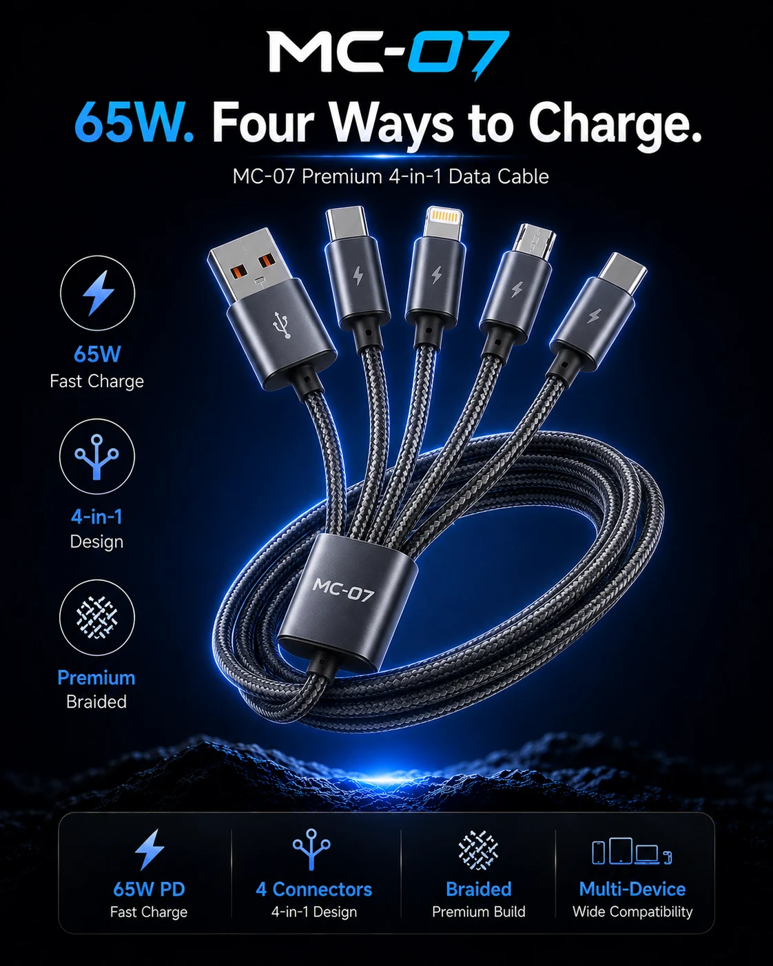 MC-07 Premium 4-in-1 Data Cable - 65W Power